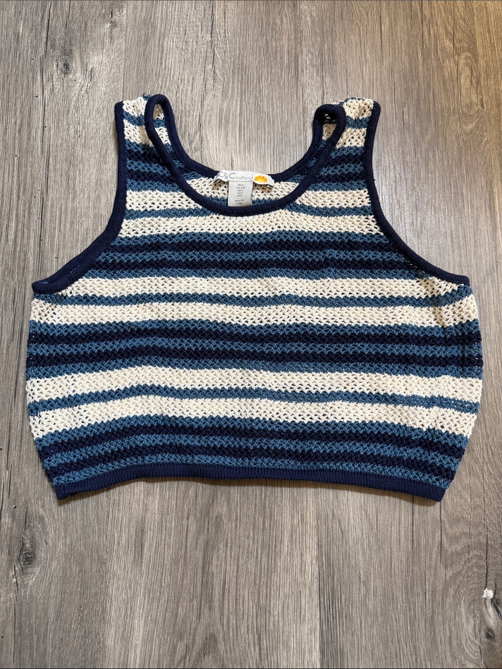 C&C California Navy & Cream Striped Crochet Crop Tank